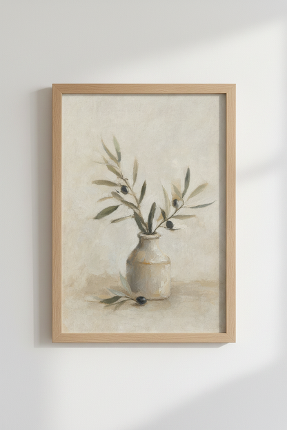 Olive Branch Still Life | Rustic Mediterranean Oil Painting, Farmhouse Kitchen Poster