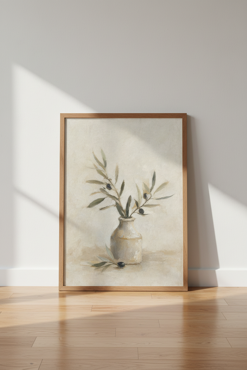 Olive Branch Still Life | Rustic Mediterranean Oil Painting, Farmhouse Kitchen Poster