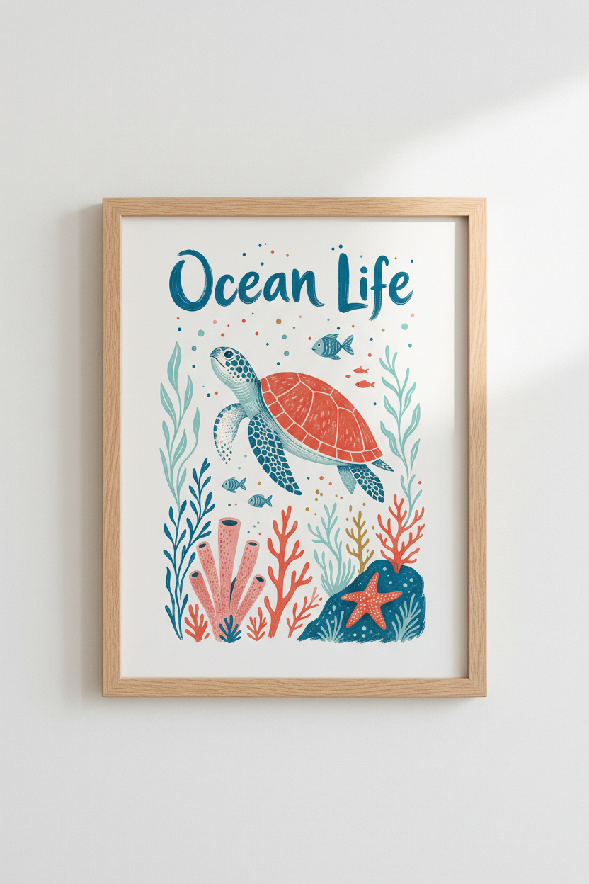 Coastal Nursery Wall Art Print | Sea Turtle Ocean Life Poster, Kids Room Decor