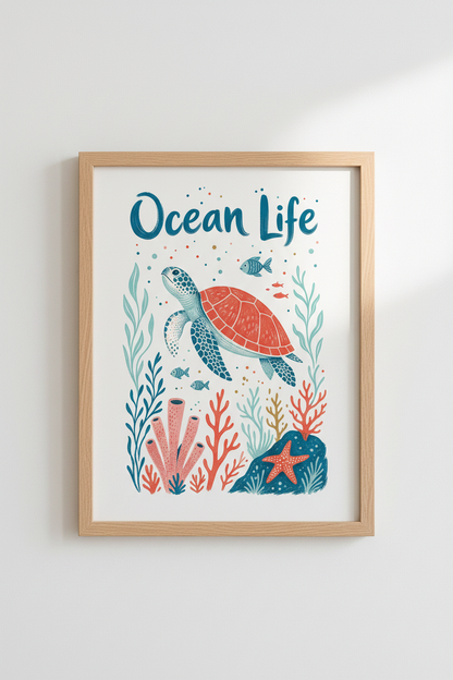 Coastal Nursery Wall Art Print | Sea Turtle Ocean Life Poster, Kids Room Decor