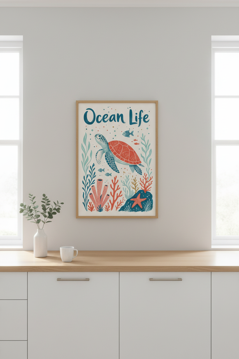 Coastal Nursery Wall Art Print | Sea Turtle Ocean Life Poster, Kids Room Decor
