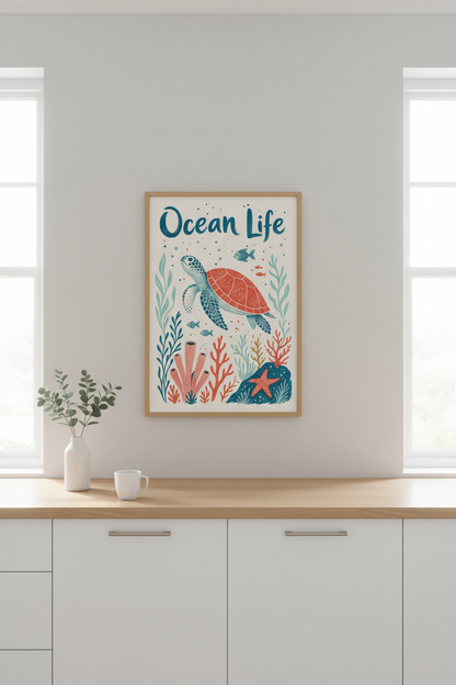 Coastal Nursery Wall Art Print | Sea Turtle Ocean Life Poster, Kids Room Decor