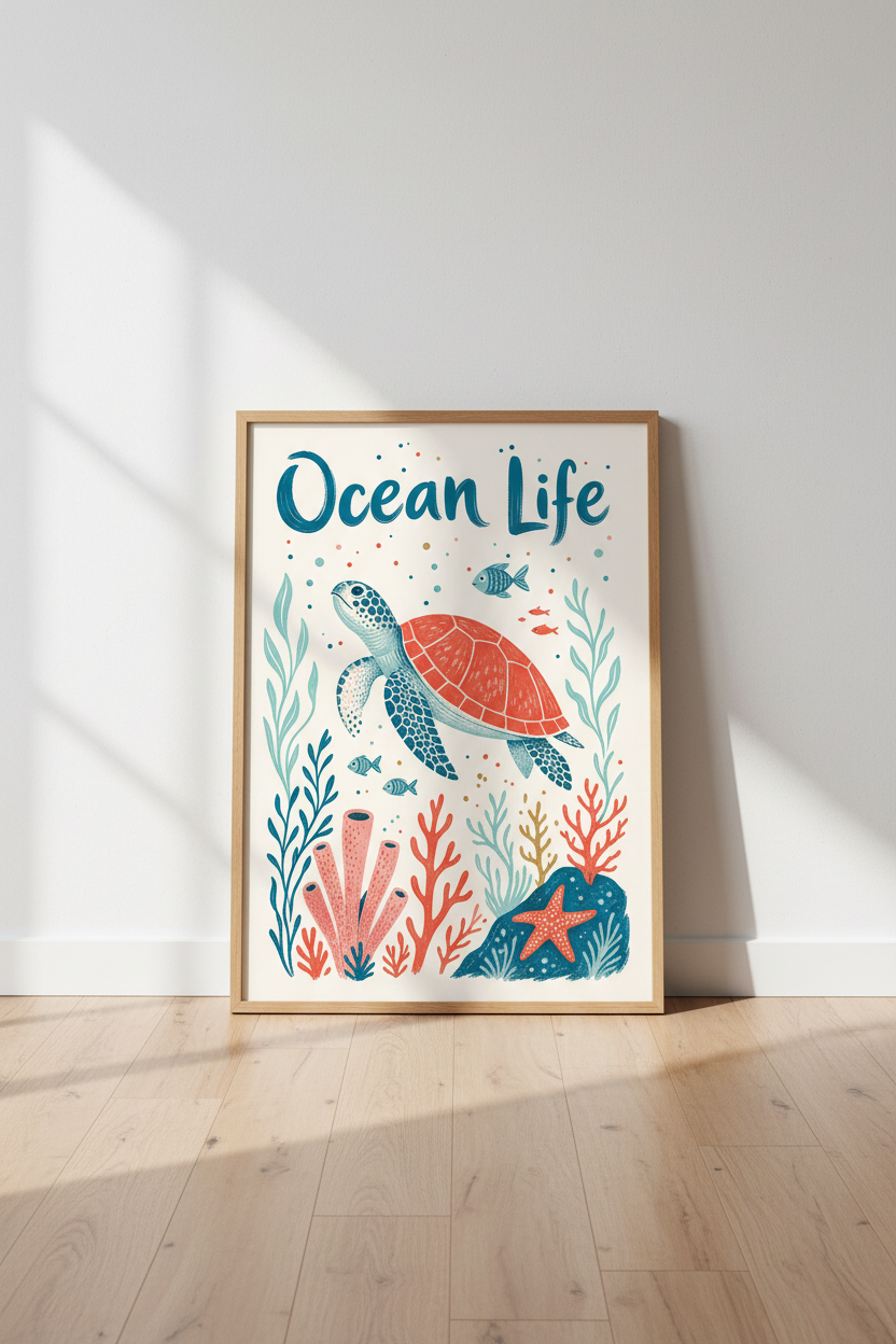 Coastal Nursery Wall Art Print | Sea Turtle Ocean Life Poster, Kids Room Decor