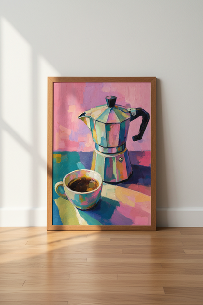 Moka Pot &amp; Coffee Cup Wall Art | Colorful Impasto Print, Modern Kitchen Decor