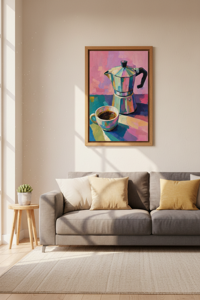 Moka Pot &amp; Coffee Cup Wall Art | Colorful Impasto Print, Modern Kitchen Decor