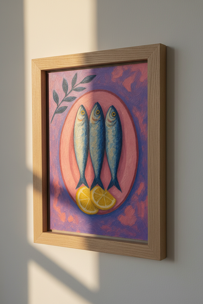 Sardines on a Pink Plate | Mediterranean Impasto Oil Style, Kitchen Decor