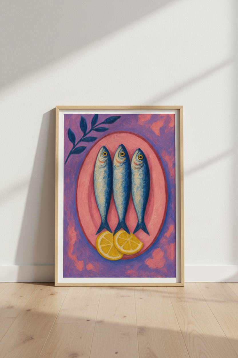Sardines on a Pink Plate | Mediterranean Impasto Oil Style, Kitchen Decor
