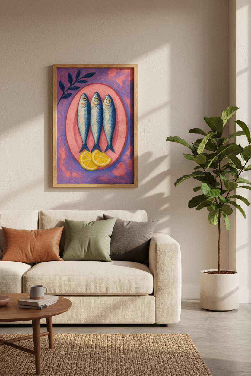 Sardines on a Pink Plate | Mediterranean Impasto Oil Style, Kitchen Decor
