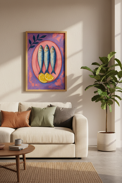 Sardines on a Pink Plate | Mediterranean Impasto Oil Style, Kitchen Decor