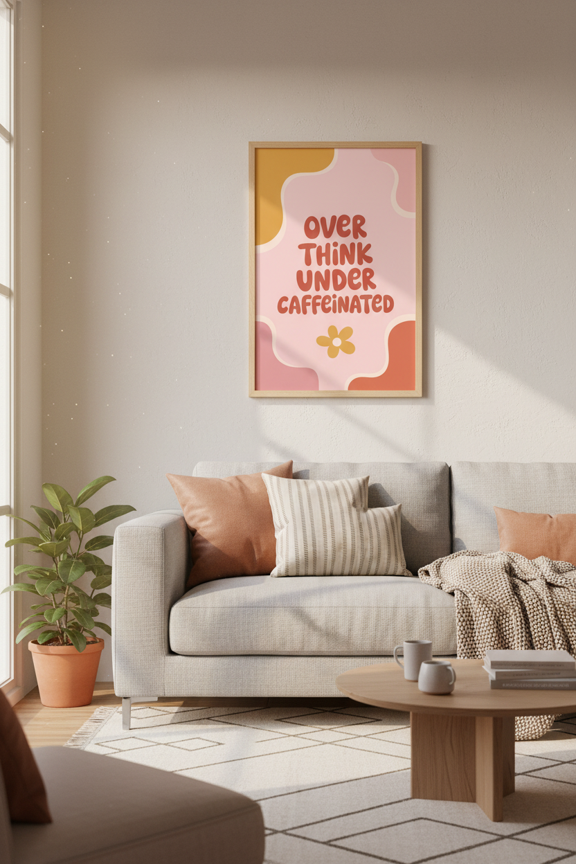 Retro Coffee Quote Wall Art Print | Funny Office Decor | Pink Groovy Poster