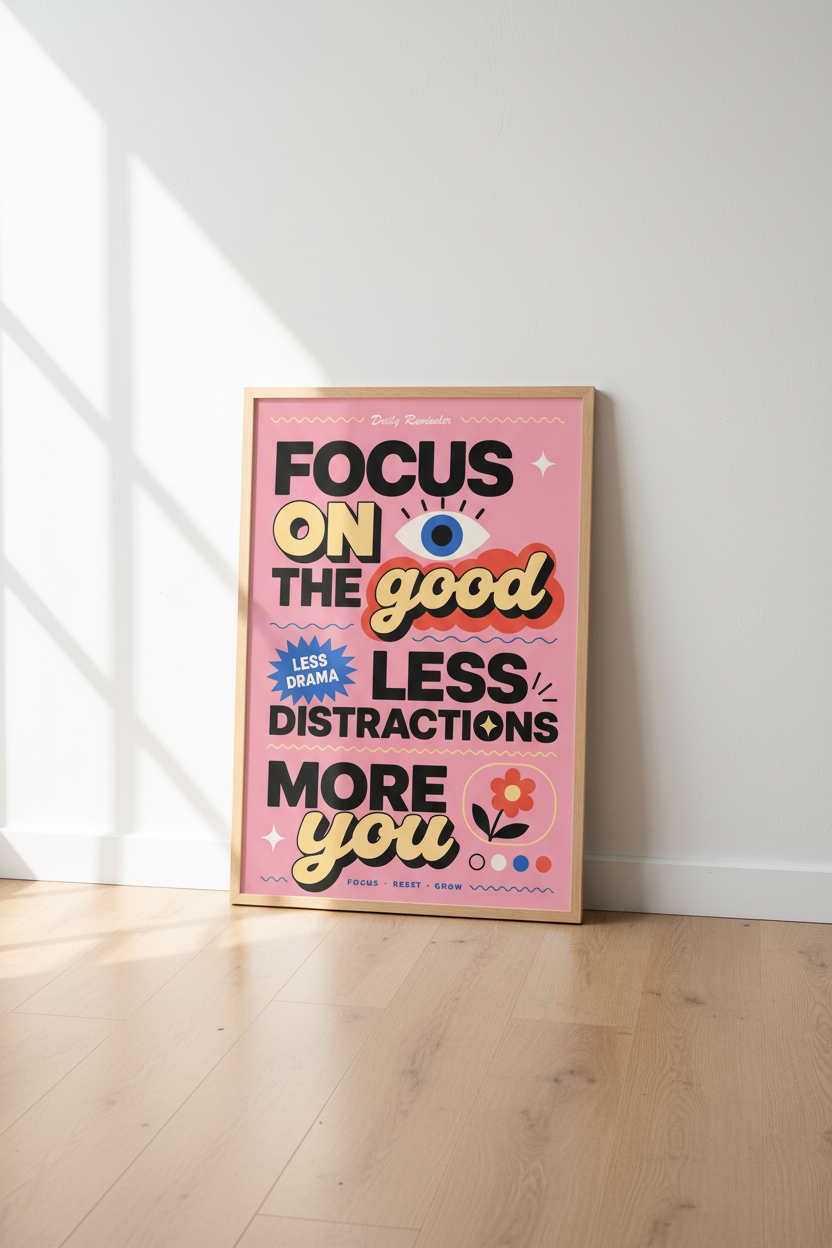 Focus On The Good Wall Art Print | Pink Retro Quote Poster | Modern Office Decor