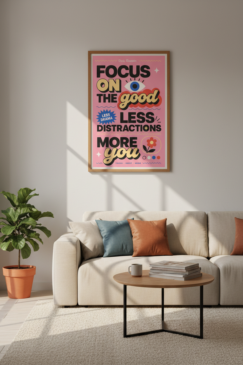 Focus On The Good Wall Art Print | Pink Retro Quote Poster | Modern Office Decor