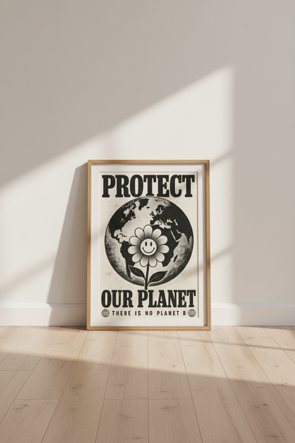 Protect Our Planet Art | Retro Earth Day Poster, Aesthetic Monochrome Decor