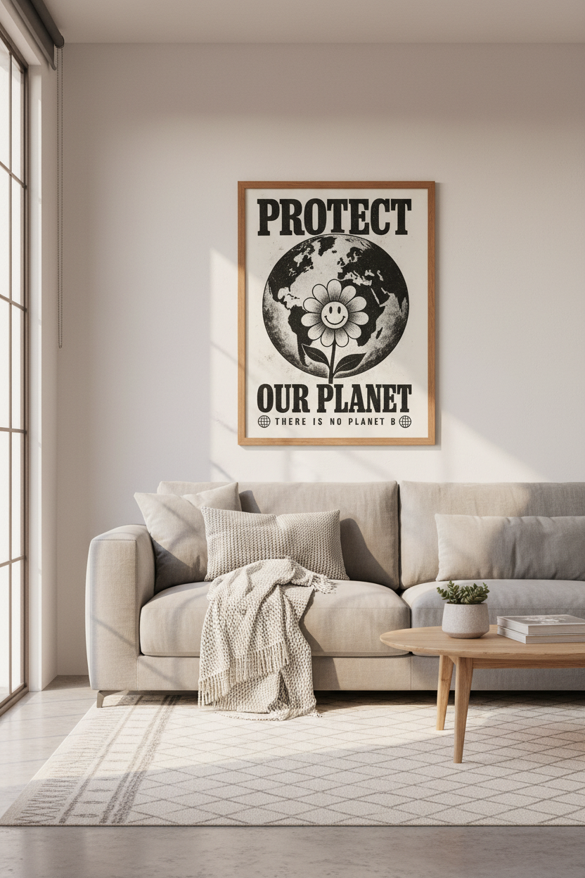 Protect Our Planet Art | Retro Earth Day Poster, Aesthetic Monochrome Decor