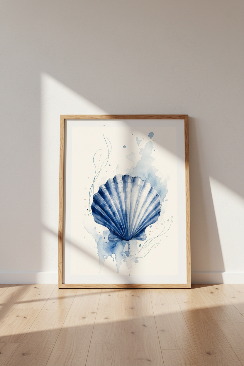 Blue Seashell Watercolor Print | Coastal Bathroom Decor | Beach House Poster