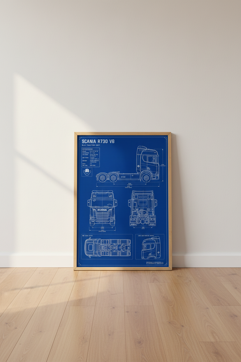 Scania R730 V8 Truck Blueprint Wall Art | Garage Decor | Industrial Poster
