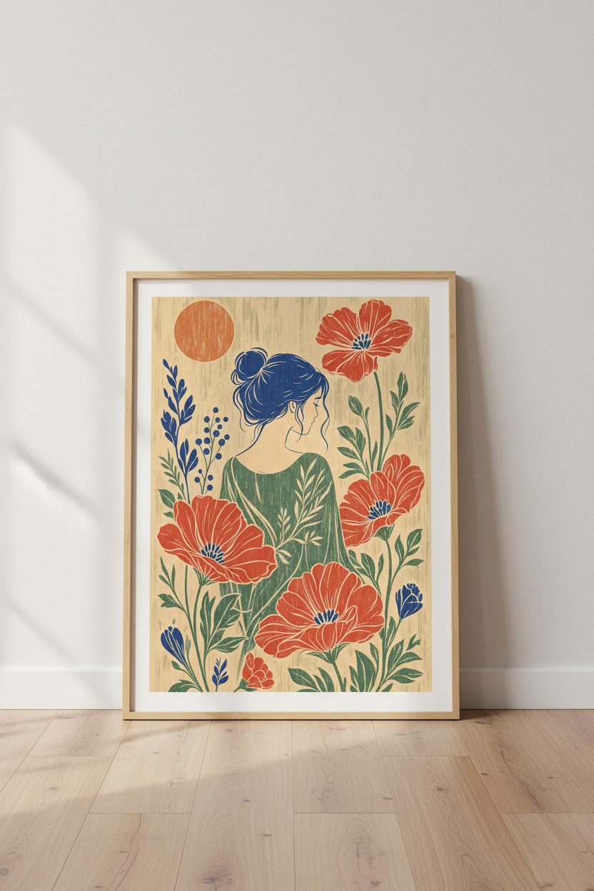Floral Woman Woodblock Print | Vintage Japanese Style, Botanical Bedroom Decor