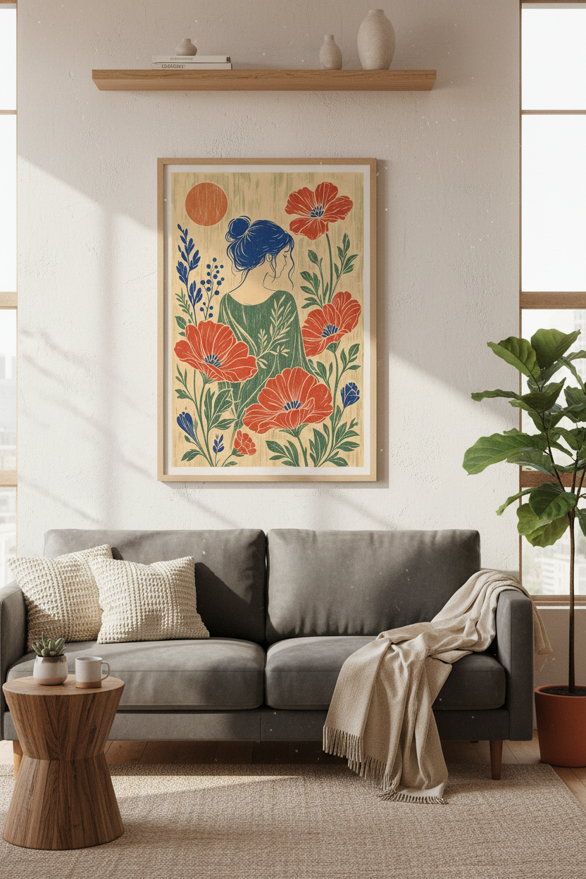 Floral Woman Woodblock Print | Vintage Japanese Style, Botanical Bedroom Decor