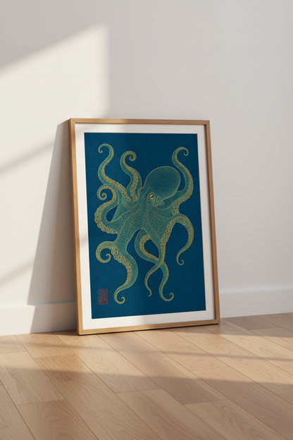 Blue and Gold Octopus Wall Art Print | Nautical Marine Decor | Coastal Poster