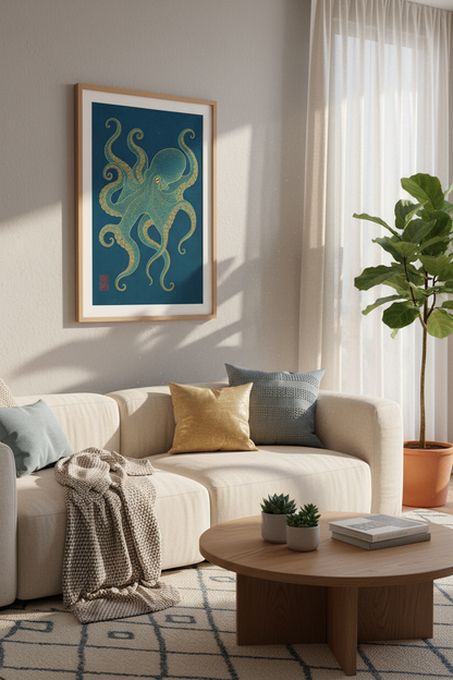 Blue and Gold Octopus Wall Art Print | Nautical Marine Decor | Coastal Poster