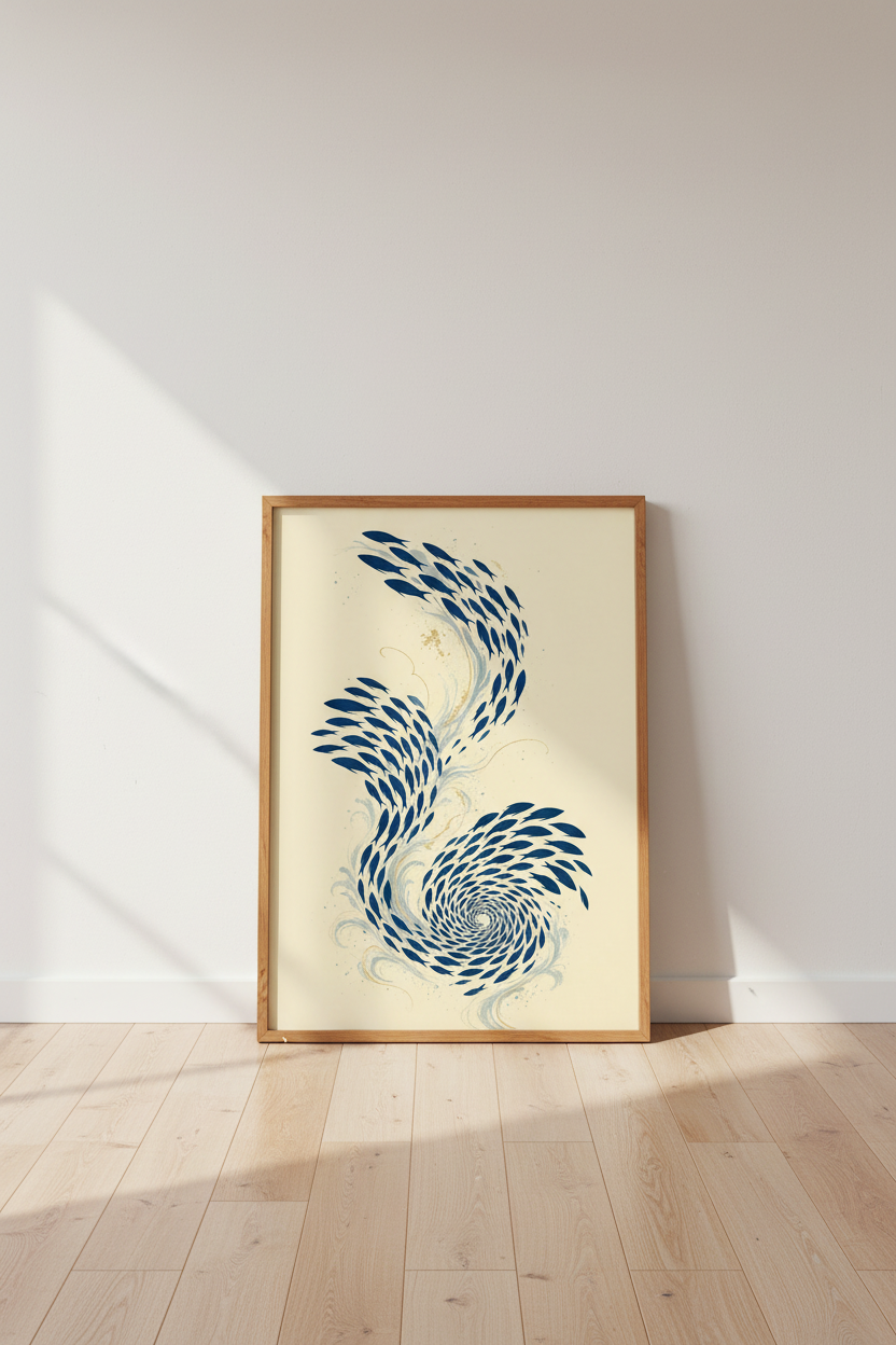 Japanese School of Fish Wall Art | Navy Blue &amp; Gold Coastal Decor | Zen Minimalist Poster