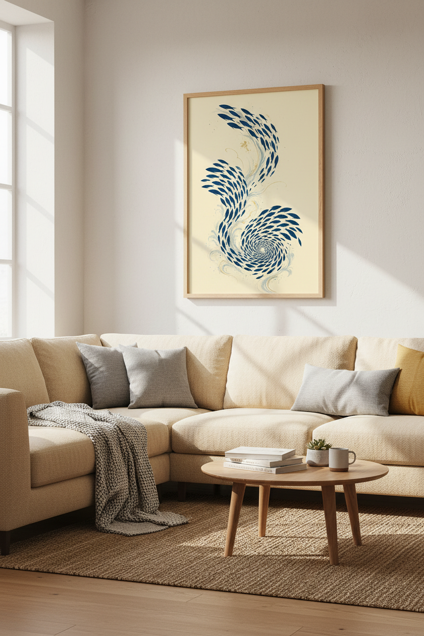 Japanese School of Fish Wall Art | Navy Blue &amp; Gold Coastal Decor | Zen Minimalist Poster