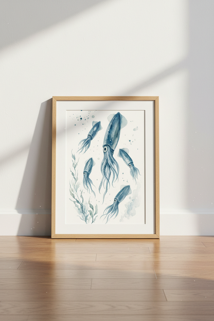 Watercolor Squid Wall Art | Blue Coastal Ocean Decor | Nautical Beach House Poster