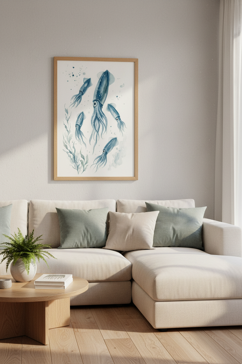 Watercolor Squid Wall Art | Blue Coastal Ocean Decor | Nautical Beach House Poster
