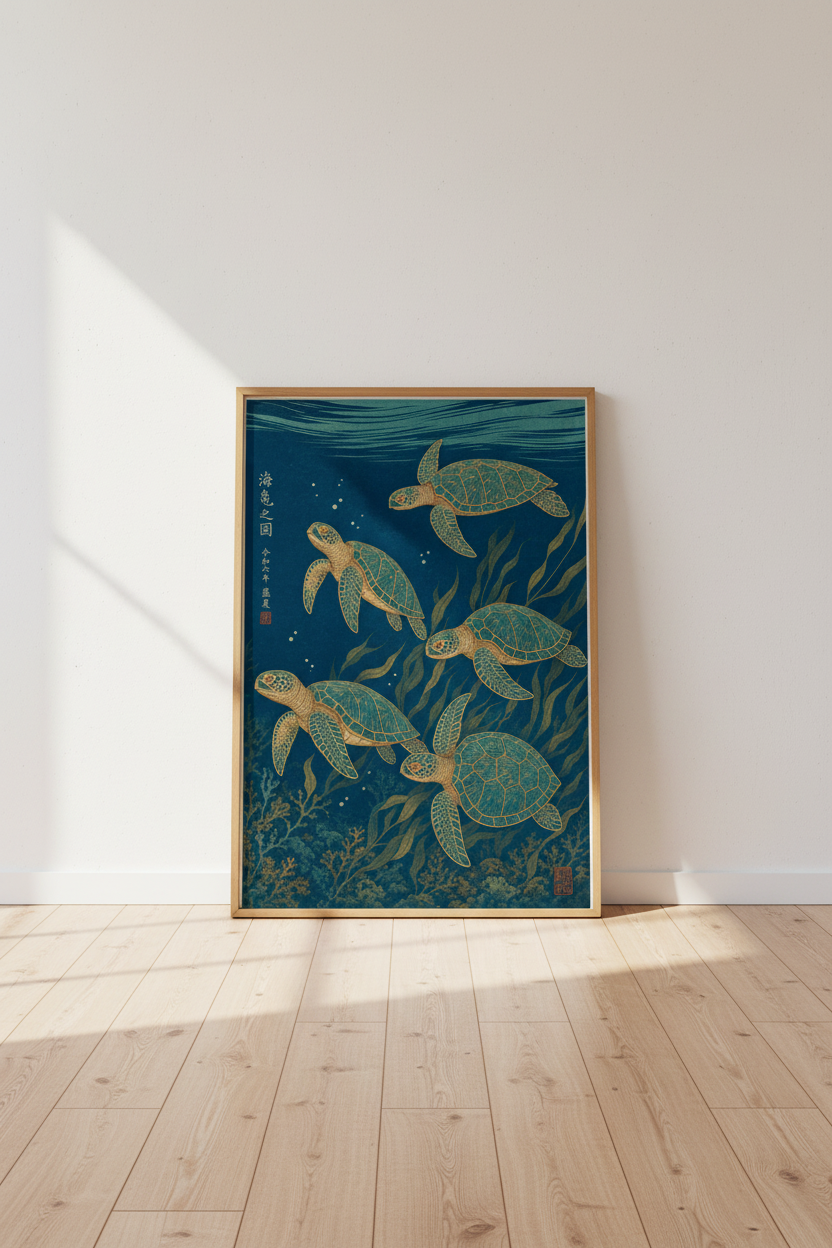 Sea Turtle Wall Art | Japanese Ukiyo-e Indigo Coastal Decor | Bathroom Beach Poster