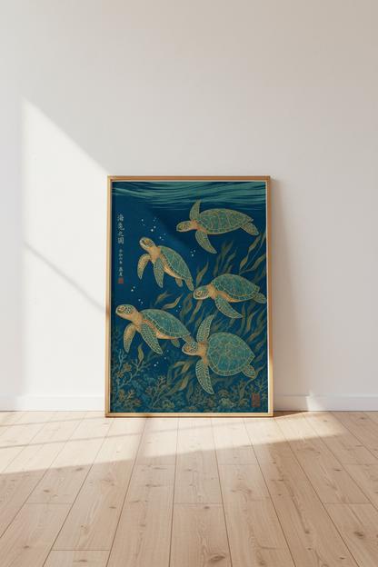 Sea Turtle Wall Art | Japanese Ukiyo-e Indigo Coastal Decor | Bathroom Beach Poster