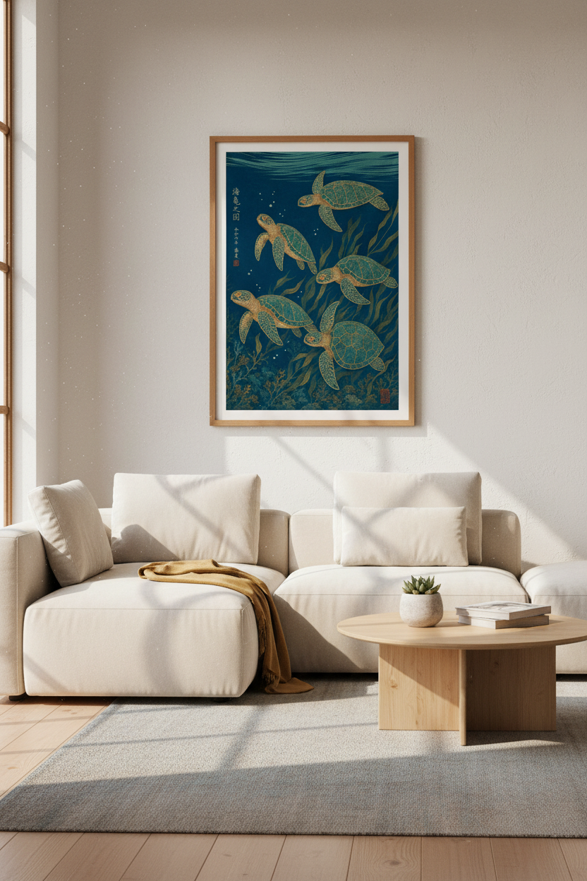 Sea Turtle Wall Art | Japanese Ukiyo-e Indigo Coastal Decor | Bathroom Beach Poster