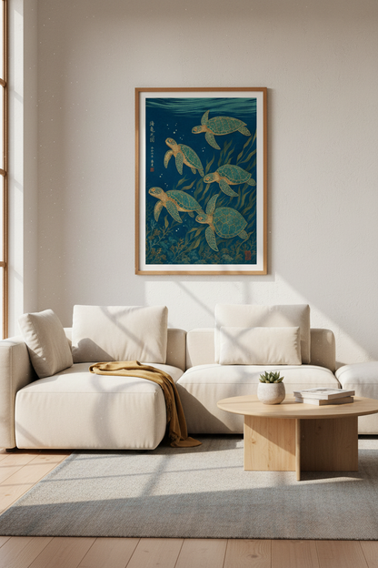 Sea Turtle Wall Art | Japanese Ukiyo-e Indigo Coastal Decor | Bathroom Beach Poster