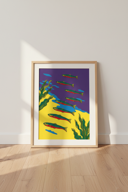 Folk Art Fish Print | Vibrant Underwater Decor | Purple &amp; Yellow Modern Poster