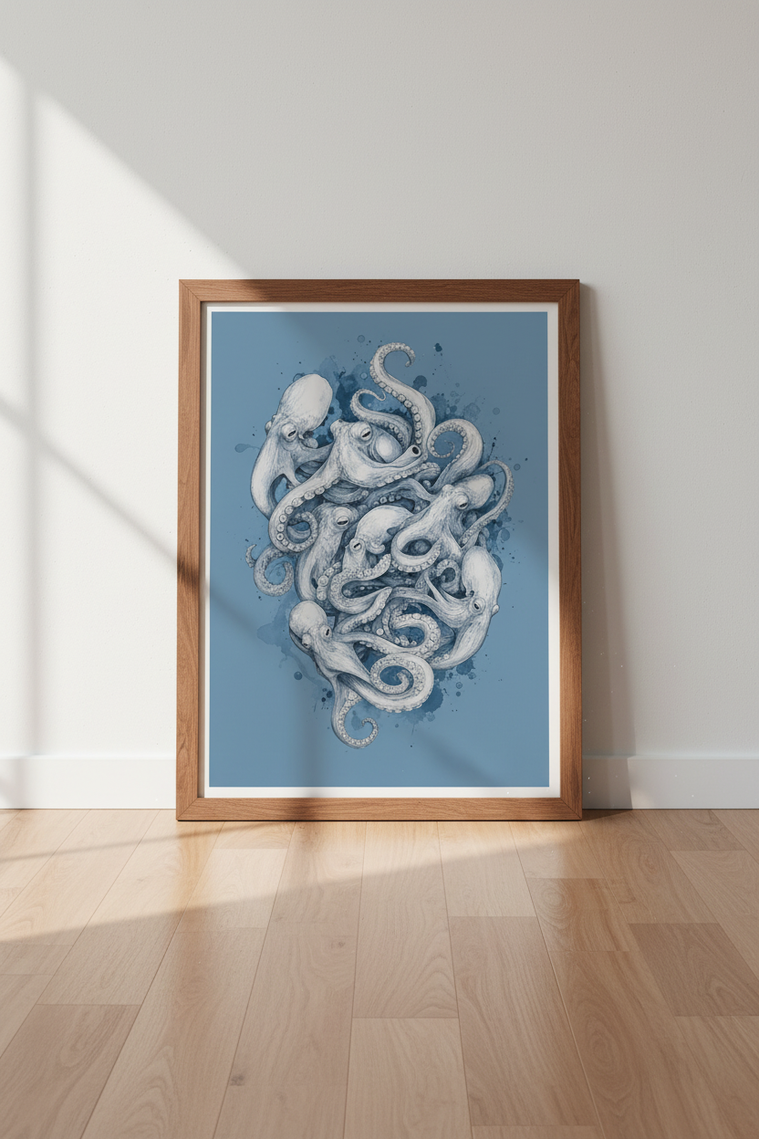Octopus Sketch Wall Art Print | Navy Blue Coastal Decor | Nautical Poster