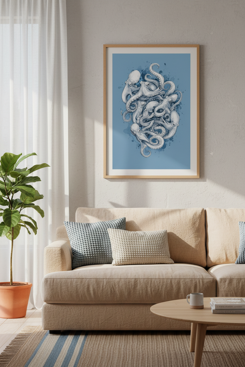 Octopus Sketch Wall Art Print | Navy Blue Coastal Decor | Nautical Poster
