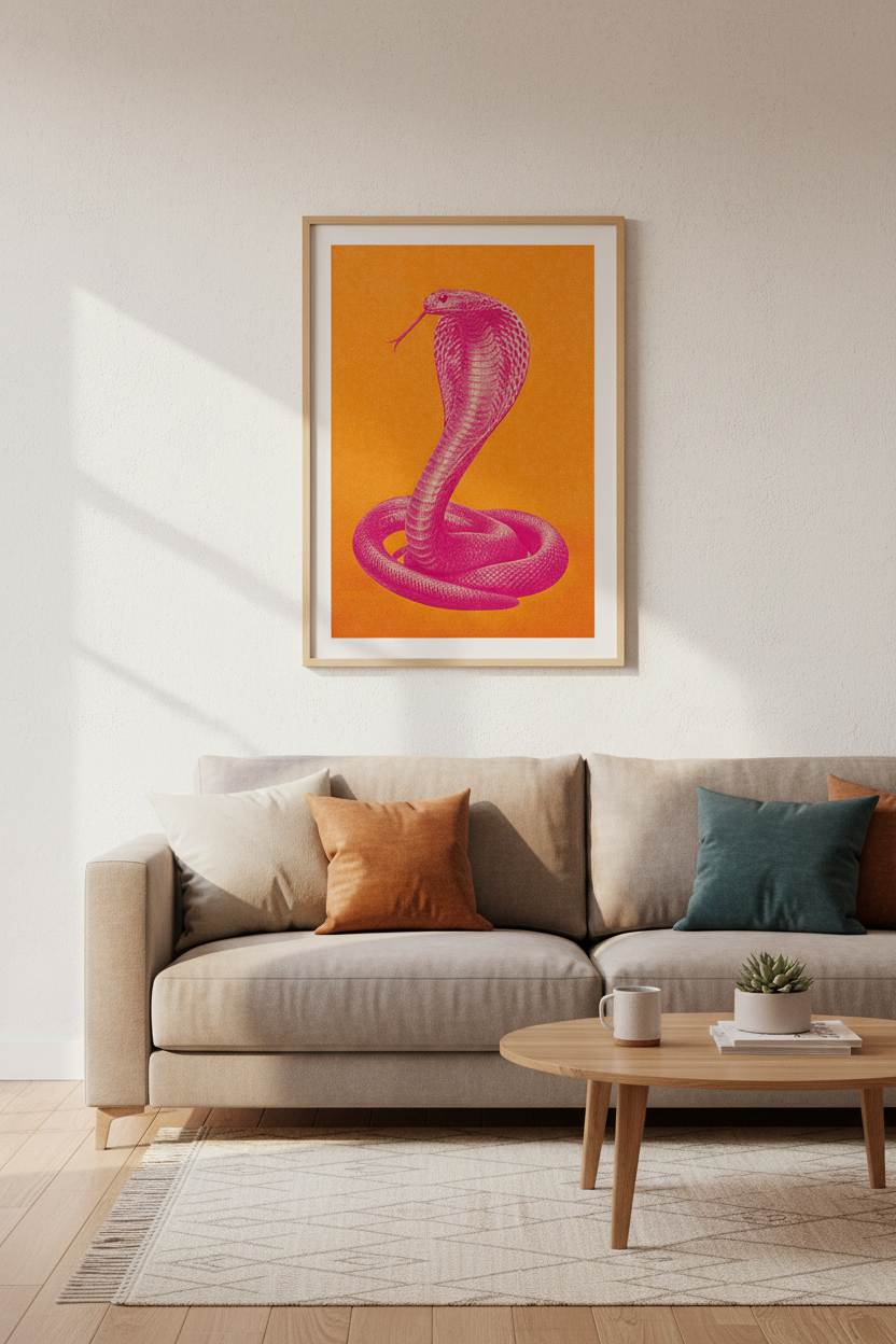 King Cobra Snake Art | Pink &amp; Orange Pop Art, Eclectic Living Room Decor Poster