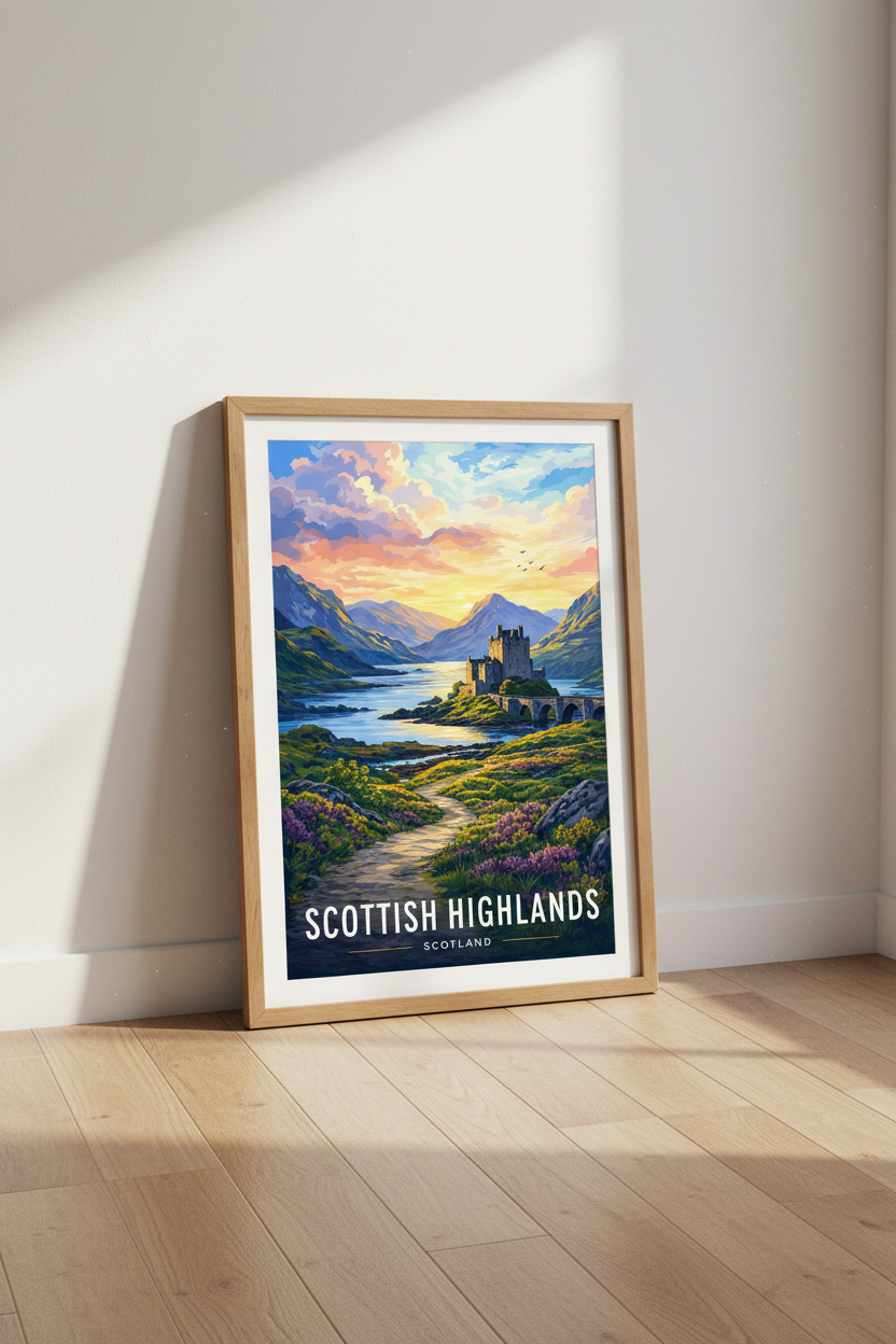 Scottish Highlands Castle Wall Art | Vibrant Sunset Landscape | Scotland Poster Decor