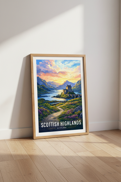 Scottish Highlands Castle Wall Art | Vibrant Sunset Landscape | Scotland Poster Decor
