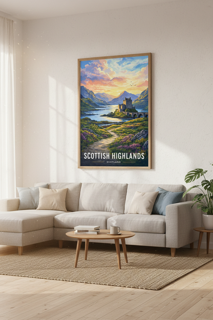 Scottish Highlands Castle Wall Art | Vibrant Sunset Landscape | Scotland Poster Decor