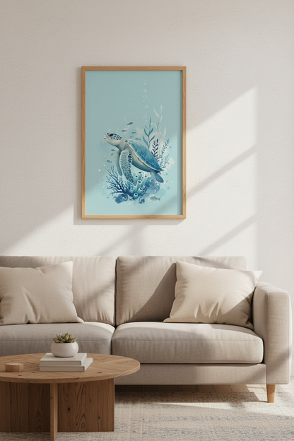 Sea Turtle Ocean Wall Art | Teal Blue Coastal Decor | Watercolor Under the Sea Poster