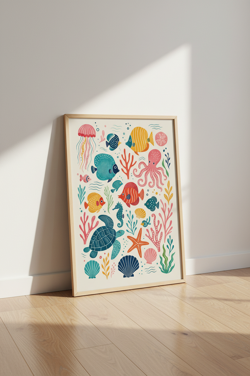 Ocean Life Sea Creatures Art | Nursery Wall Decor, Coastal Folk Art Poster