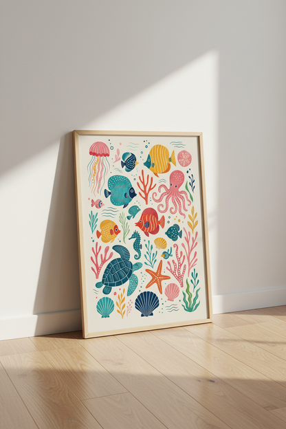 Ocean Life Sea Creatures Art | Nursery Wall Decor, Coastal Folk Art Poster