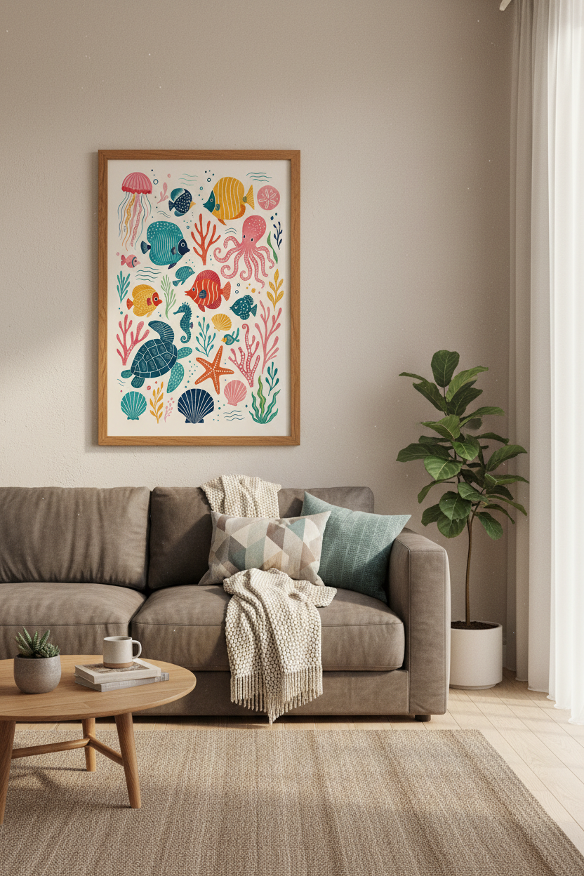 Ocean Life Sea Creatures Art | Nursery Wall Decor, Coastal Folk Art Poster