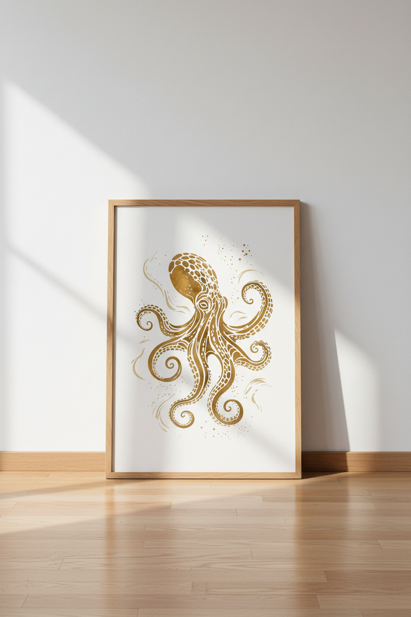 Gold Octopus Wall Art Print | Coastal Bathroom Decor | Nautical Gold Poster