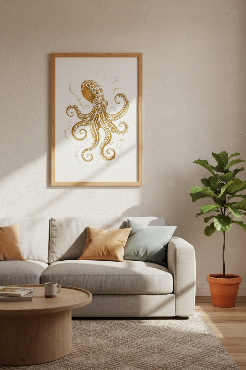 Gold Octopus Wall Art Print | Coastal Bathroom Decor | Nautical Gold Poster