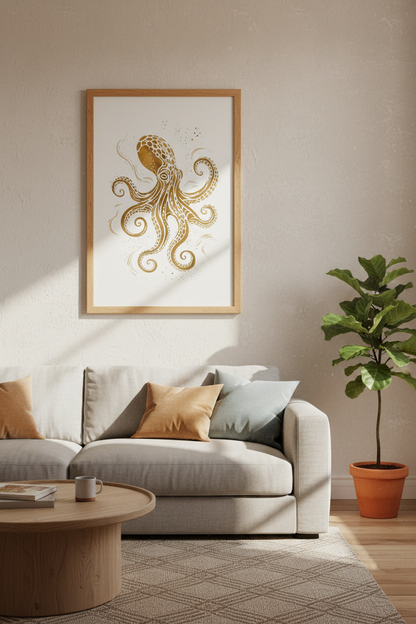 Gold Octopus Wall Art Print | Coastal Bathroom Decor | Nautical Gold Poster