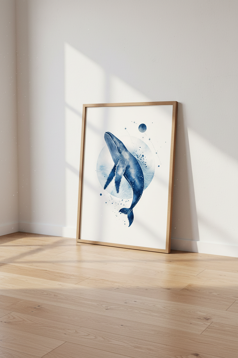 Humpback Whale | Blue Watercolor Celestial Print, Nursery &amp; Coastal Decor