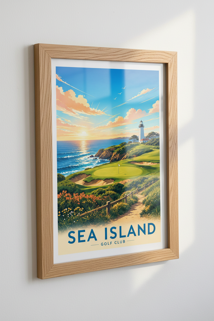 Sea Island Golf Art | Coastal Lighthouse Landscape, Office Man Cave Decor