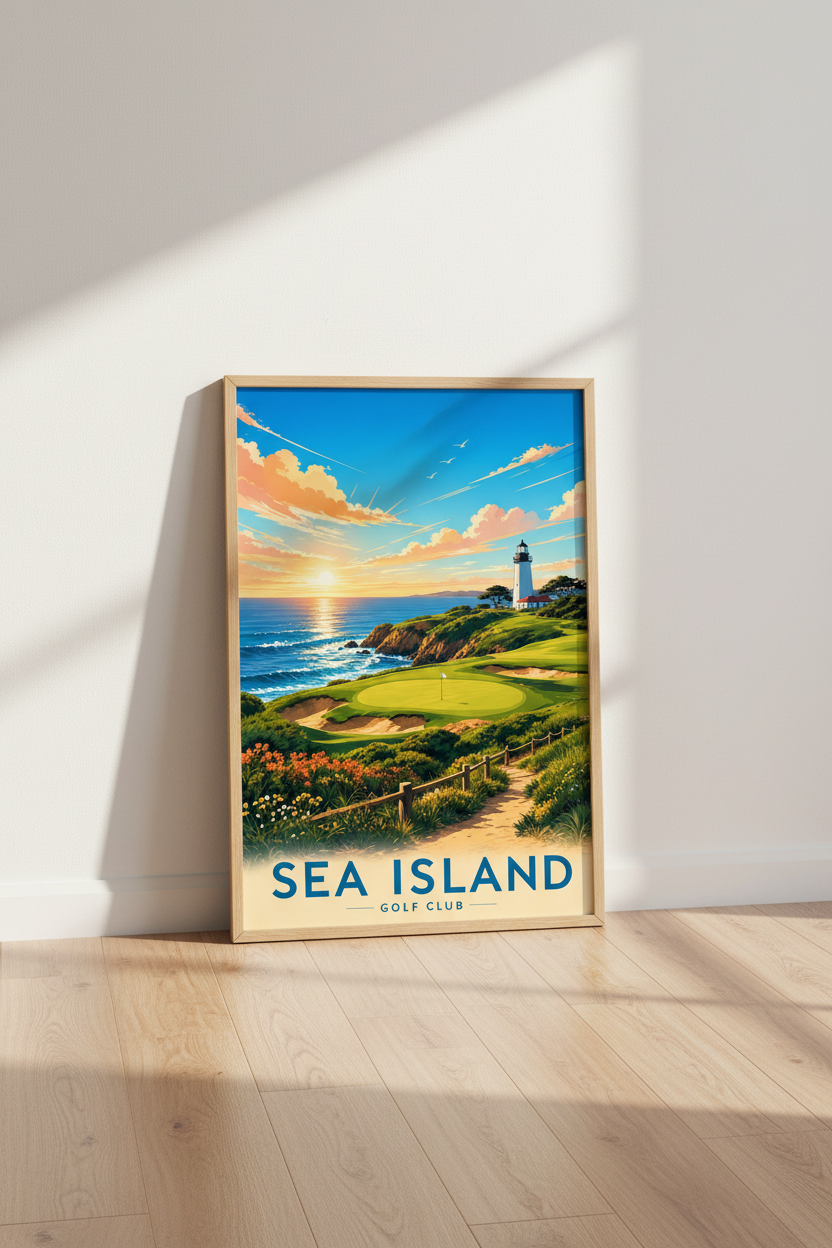 Sea Island Golf Art | Coastal Lighthouse Landscape, Office Man Cave Decor