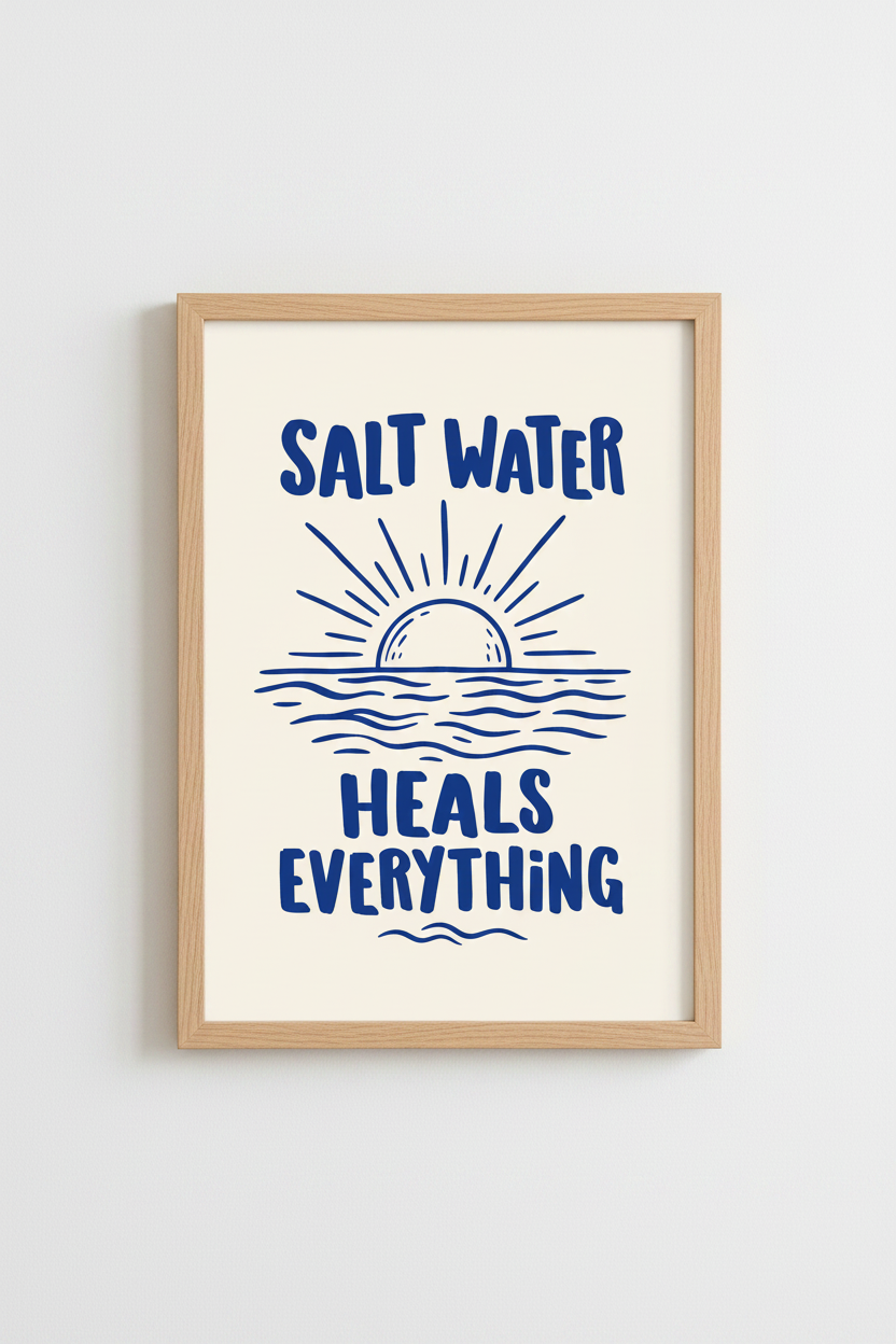Salt Water Wall Art | Navy Sunrise Coastal Living Room Decor | Beachy Poster